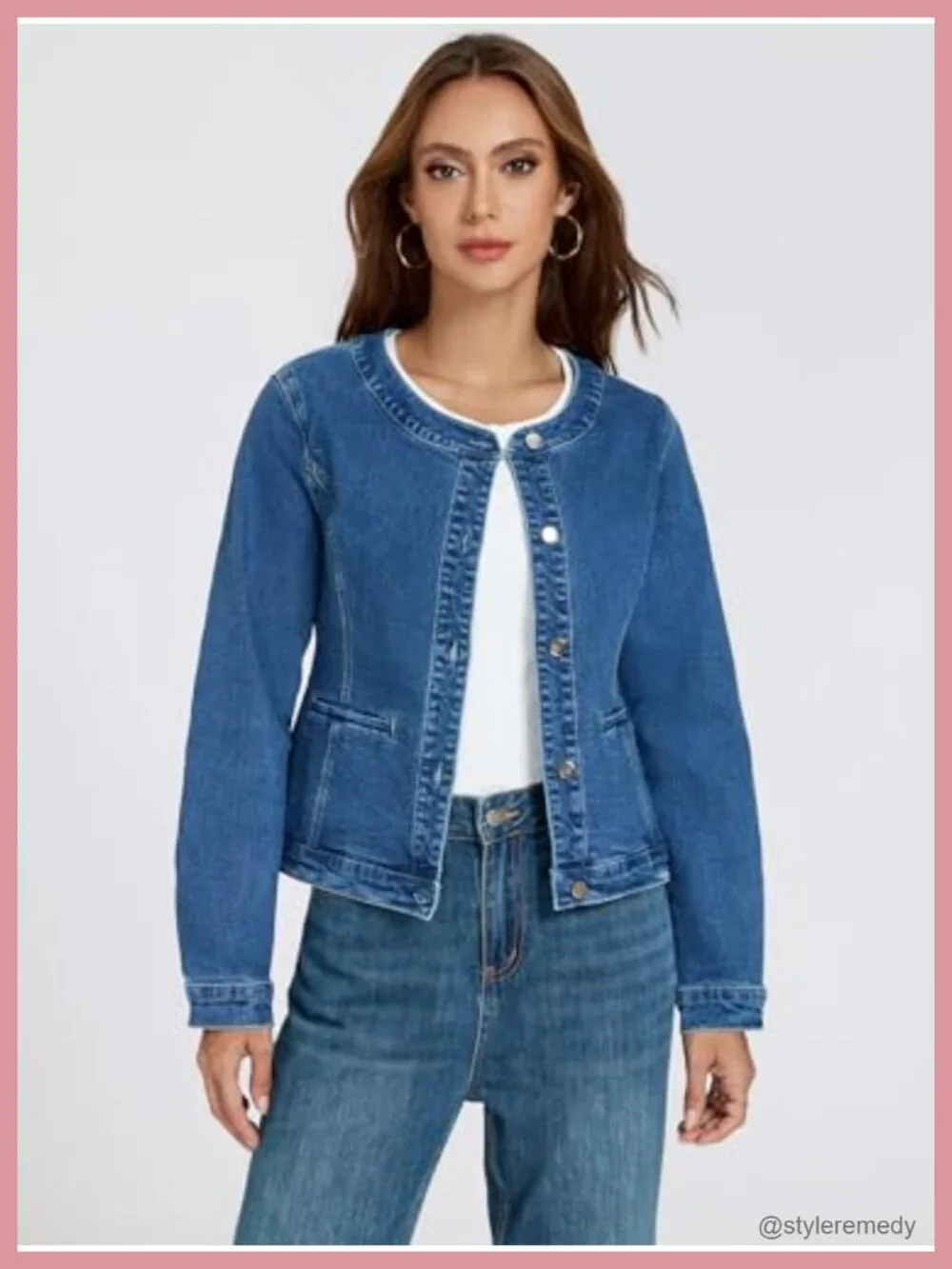 Lightweight Stretch Slim Fit Collarless Cropped Denim Jean Jacket Womens